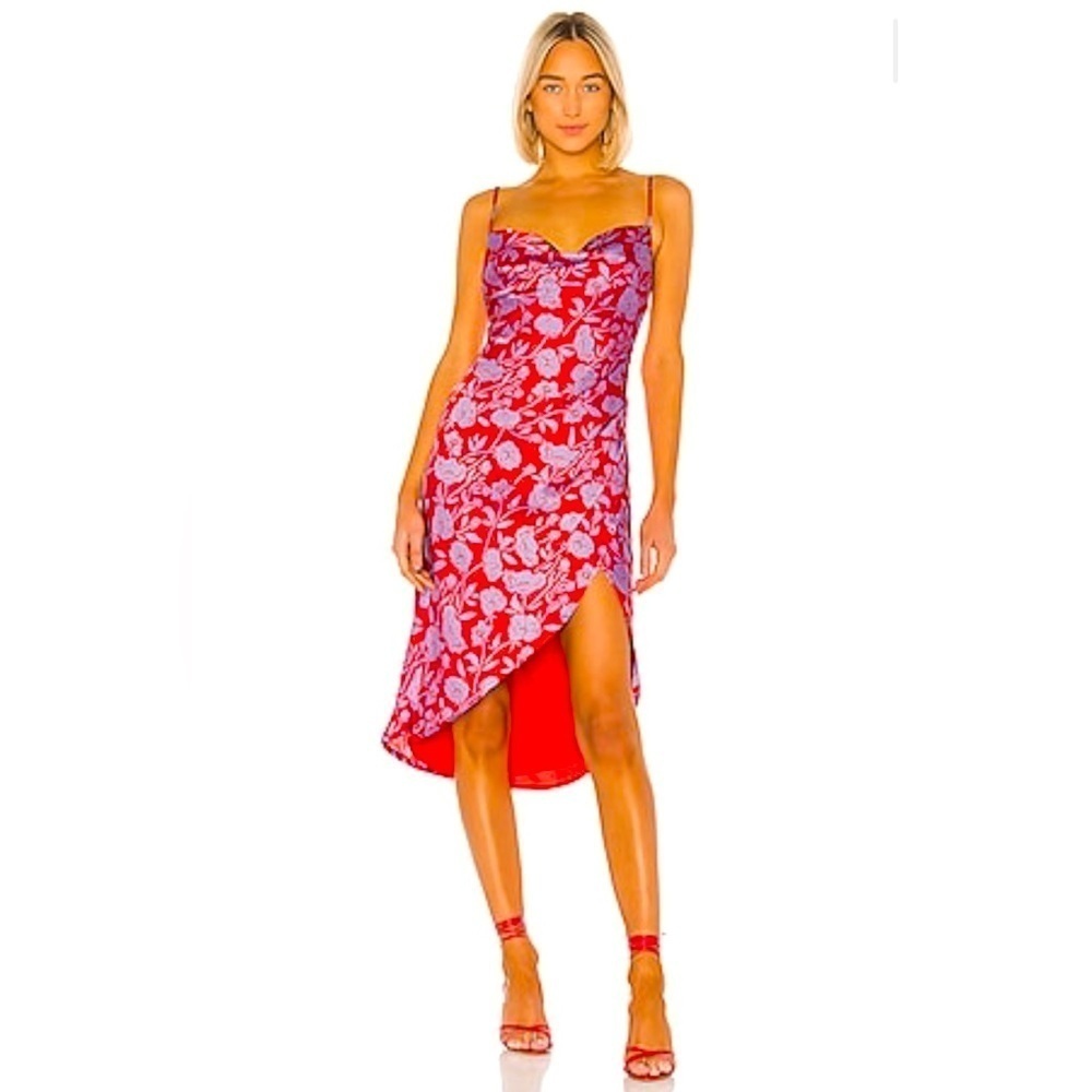 LOVERS + FRIENDS Noah Faux Wrap Dress Red & Purple Lined Spaghetti Strap Sz L